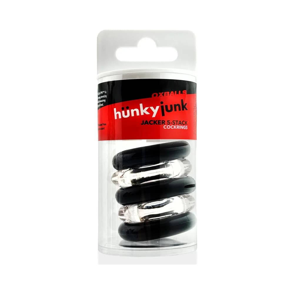 Hunkyjunk Jacker 5-Stack Five-Pack Tube Super-Strong Cockrings Clear/Black thumbnail 5