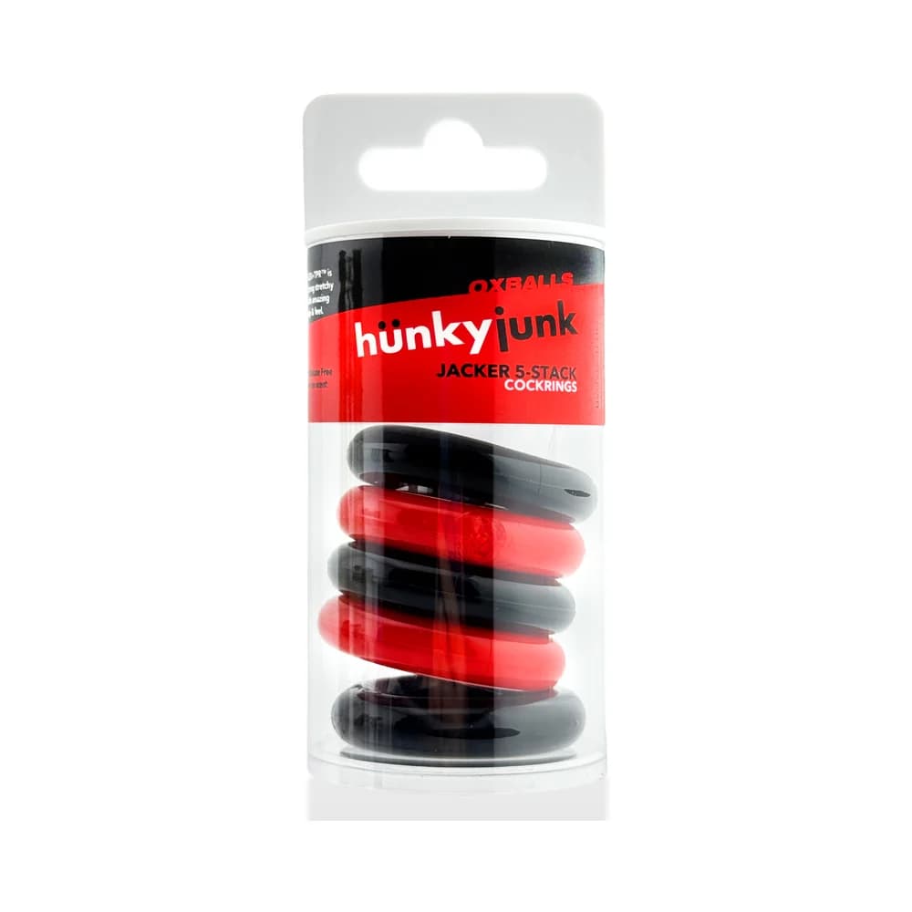 Hunkyjunk Jacker 5-Stack Five-Pack Tube Super-Strong Cockrings Red/Black thumbnail 5